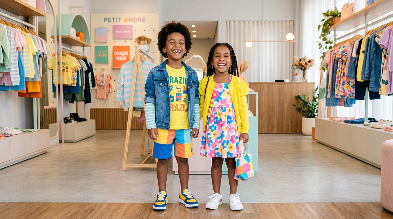 Crianças felizes na loja Mundo Infantil